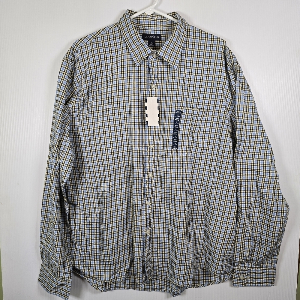 NWT Lands' End Mens Blue, Yellow, White, & Black Long Sleeve Drsss Shirt Size XL